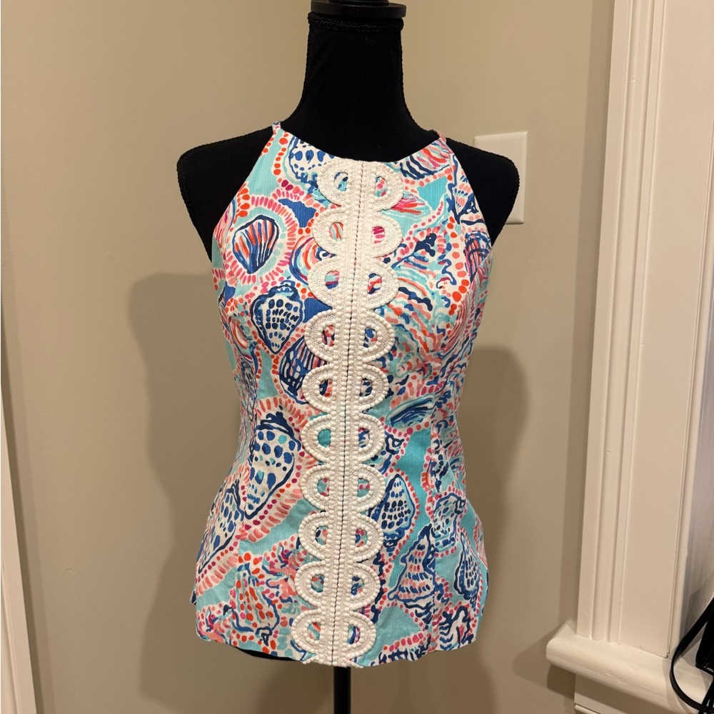 Lilly Pulitzer Multicolor Shell-Print Halter Top with White Crochet Trim